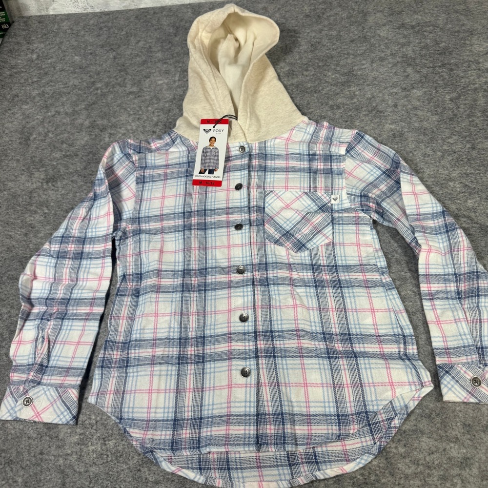 Roxy Girl Youth Hooded Flannel Shirt Blue Pink Plaid M 10/12 25RSFHB64X-665-PC